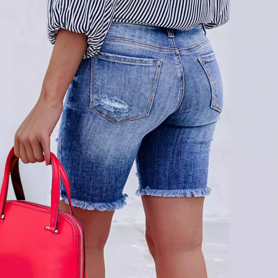 2025 Amazon Cross-Border Slim-Fit Buttoned Denim Shorts: Streetwear Ripped Raw-Edged Skinny Shorts for Women