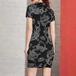 New Summer European and American Retro Button Slit Miniskirt Women's dragon-print retro high-necked waisted cheongsam