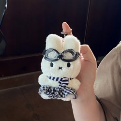 Cute Miffy bunny striped scarf plush bag charm, Japanese pilot bunny keychain charm.