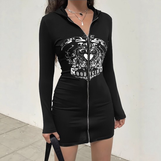 European and American Black, Elegant Commuter Lettering Long-Sleeved Bottoming Shirt with Zippered Hood and Niche Zippered Sweater Dress European and American Black, Elegant Commuter Lettering Long-Sleeved Bottoming Shirt with Zippered Hood and Niche Zippered Sweater Dress