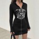 European and American Black, Elegant Commuter Lettering Long-Sleeved Bottoming Shirt with Zippered Hood and Niche Zippered Sweater Dress European and American Black, Elegant Commuter Lettering Long-Sleeved Bottoming Shirt with Zippered Hood and Niche Zippered Sweater Dress