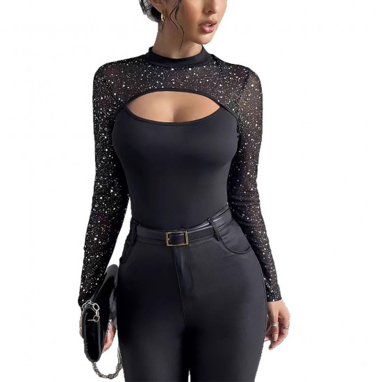 European and American, cross-border, elegant, long-sleeved, transparent mesh, patchwork, T-shirt. Slim-fitting, hollow, see-through, long-sleeved top.