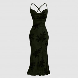 European and American high-end slim-fit maxi dress: elegant, slim-fitting mesh print, cross-back camisole dress.