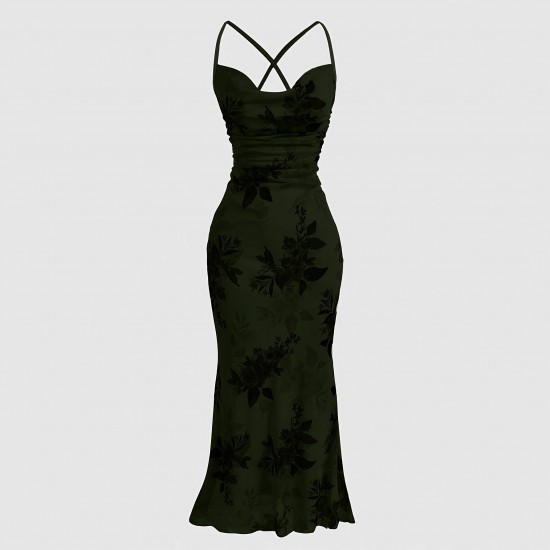 European and American high-end slim-fit maxi dress: elegant, slim-fitting mesh print, cross-back camisole dress.