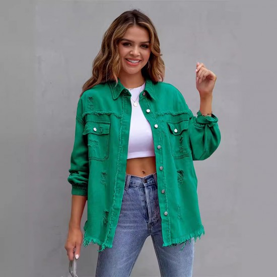 Cross-border new European and American denim jackets for women, solid color, loose-fitting jackets, ripped long-sleeved women's denim shirts, bestsellers.