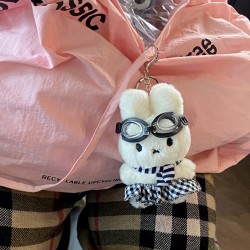 Cute Miffy bunny striped scarf plush bag charm, Japanese pilot bunny keychain charm.
