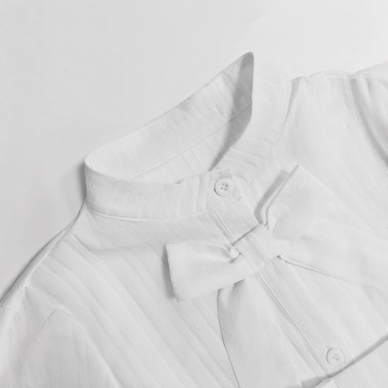 European and American women's shirts for Spring/Autumn 2025: French-style long-sleeved top with a 3D bow detail. European and American women's shirts for Spring/Autumn 2025: French-style long-sleeved top with a 3D bow detail.