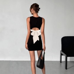 Cross-border women's short skirt V-neck pink and black bow-embellished slim-waisted dress with puffy buds
