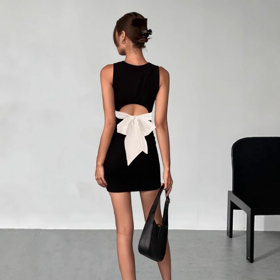Cross-border women's short skirt V-neck pink and black bow-embellished slim-waisted dress with puffy buds