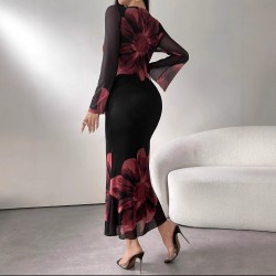 Cross-border elegant, stylish, long dress, slim-fitting, retro-printed, slightly flared, long-sleeved, mesh dress for women.