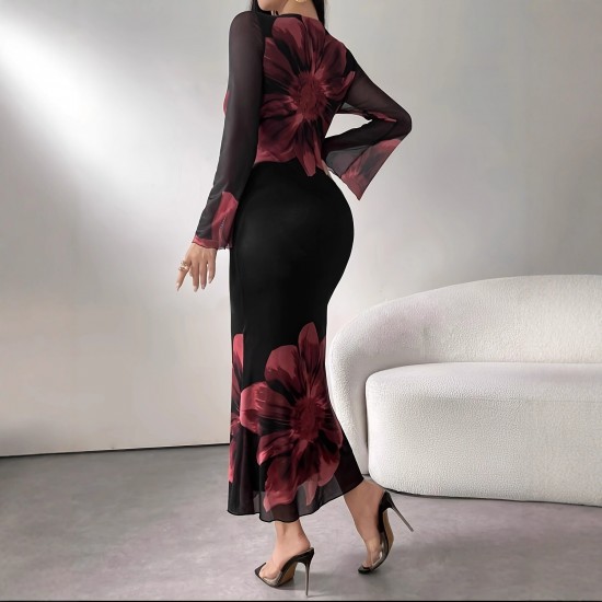 Cross-border elegant, stylish, long dress, slim-fitting, retro-printed, slightly flared, long-sleeved, mesh dress for women.