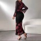 Cross-border elegant, stylish, long dress, slim-fitting, retro-printed, slightly flared, long-sleeved, mesh dress for women.