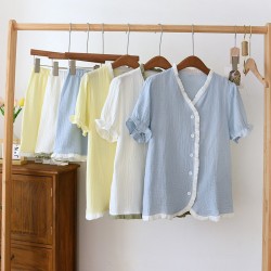 New women's nightgown, pure cotton washed cotton gauze long-sleeved bath skirt, mid-length crepe, spring and autumn loose loungewear.