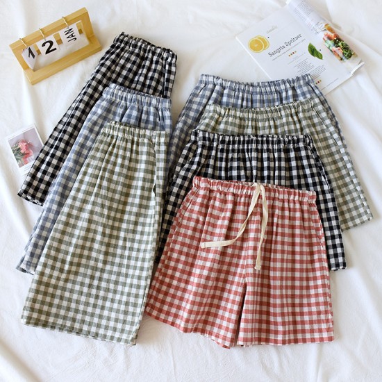 Couples' pure cotton washed cotton plaid shorts, men's and women's, soft, loose summer beach pants, large-size. Couples' pure cotton washed cotton plaid shorts, men's and women's, soft, loose summer beach pants, large-size.