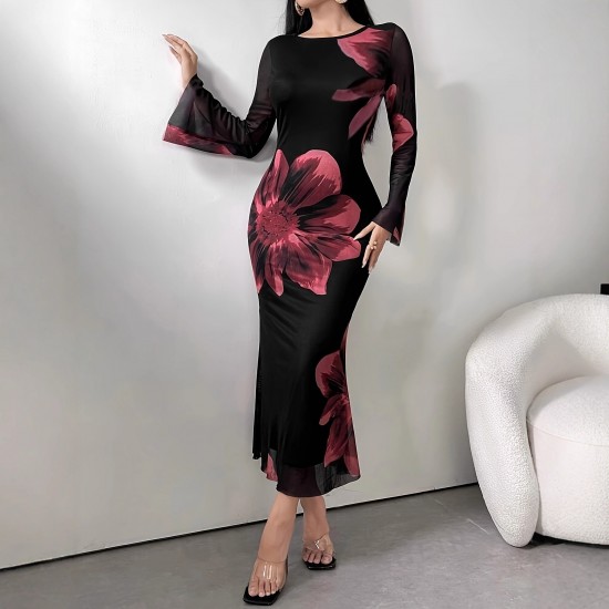 Cross-border elegant, stylish, long dress, slim-fitting, retro-printed, slightly flared, long-sleeved, mesh dress for women.