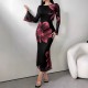 Cross-border elegant, stylish, long dress, slim-fitting, retro-printed, slightly flared, long-sleeved, mesh dress for women.