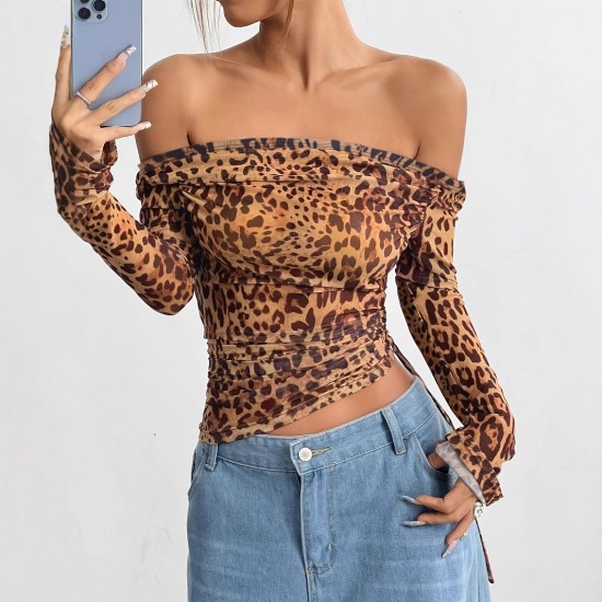 Sexy, European and American summer, long-sleeved, off-the-shoulder, cross-border women's clothing, sexy, leopard-print, one-piece top.