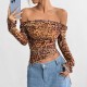 Sexy, European and American summer, long-sleeved, off-the-shoulder, cross-border women's clothing, sexy, leopard-print, one-piece top.