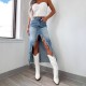 Amazon cross-border 2025 Spring new high-waisted, irregular, raw-edge denim skirt for women, distressed and washed.
