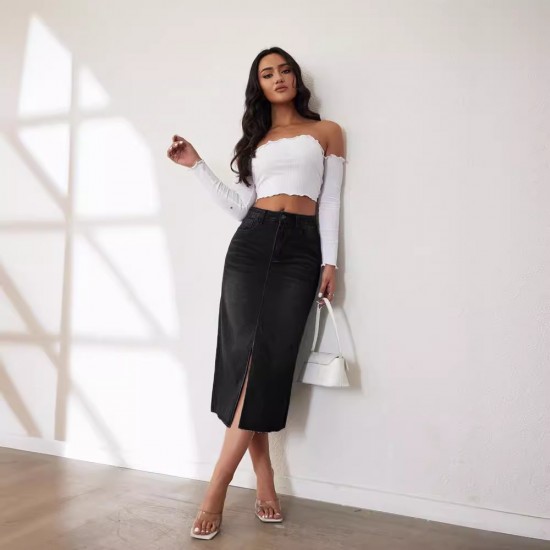 Factory direct sales, foreign trade, 2025 American retro non-stretch denim shorts Women's midi-length slit skirt Factory direct sales, foreign trade, 2025 American retro non-stretch denim shorts Women's midi-length slit skirt
