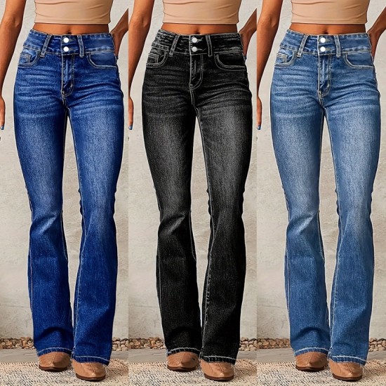 Amazon cross-border European and American retro stretch jeans for women, 2025 spring new washed streetwear flared trousers.