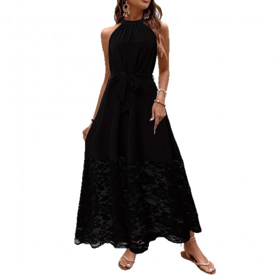2025 new European and American elegant halter neck sleeveless dress with adjustable lace belt and waist.