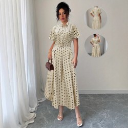 European and American women's polka-dot retro short-sleeved maxi dresses with a belt and decorative buckle for a slimming, fashionable dress.