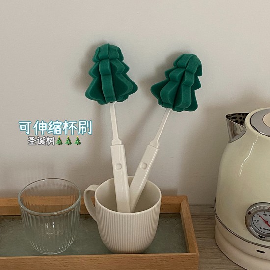 Cartoon Christmas tree cup brush, creative retractable pine sponge long-handled cup brush, bottle brush, convenient and hangable for home use.
