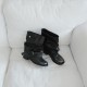 Women's western cowboy boots, pleated black, round-toe, vintage, thick-heeled knight boots. Women's Boots