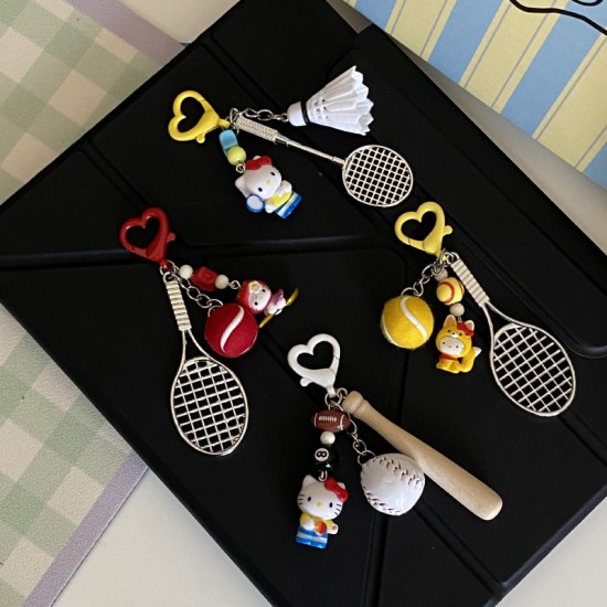 Homemade creative table tennis, badminton, KT doll keychain, cartoon sports game racket series bag charm for couples. Homemade creative table tennis, badminton, KT doll keychain, cartoon sports game racket series bag charm for couples.
