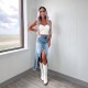 Amazon cross-border 2025 Spring new high-waisted, irregular, raw-edge denim skirt for women, distressed and washed.