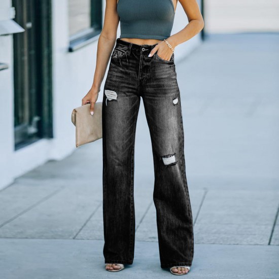 Factory direct sales of fashionable, washed jeans for women, in stock, for foreign trade wholesale. Ripped slim-fitting wide-leg denim trousers Factory direct sales of fashionable, washed jeans for women, in stock, for foreign trade wholesale. Ripped slim-fitting wide-leg denim trousers