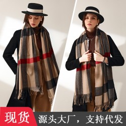 Women's wholesale winter scarves, 2025 new plaid print, tasseled faux cashmere scarves, fashionable and warm shawls.