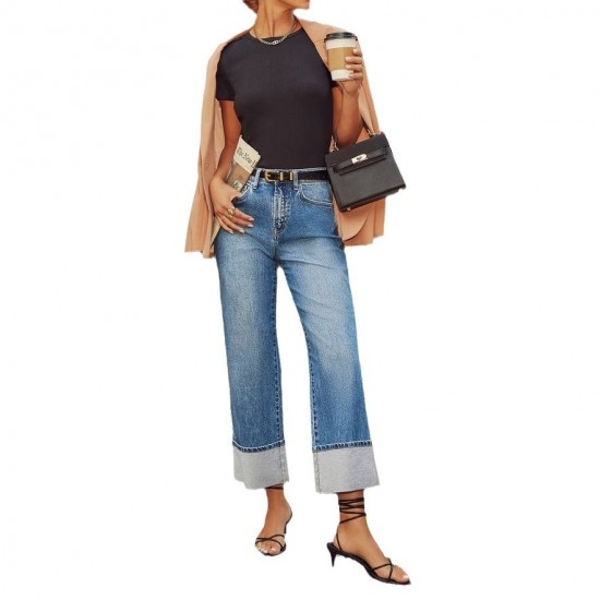 Amazon cross-border 2025 spring and summer new stretch straight jeans for women, quality retro high-waisted trousers with cuffs