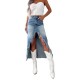 Amazon cross-border 2025 Spring new high-waisted, irregular, raw-edge denim skirt for women, distressed and washed.