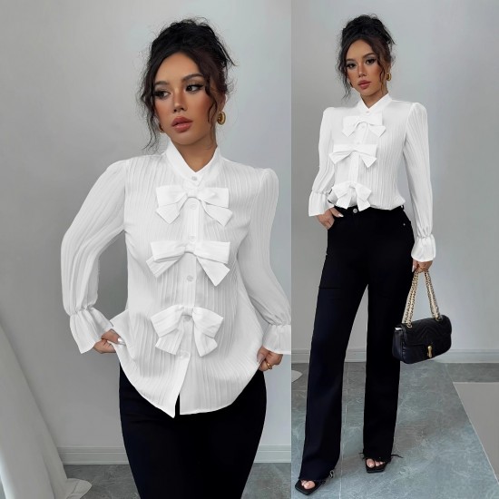 European and American women's shirts for Spring/Autumn 2025: French-style long-sleeved top with a 3D bow detail. European and American women's shirts for Spring/Autumn 2025: French-style long-sleeved top with a 3D bow detail.