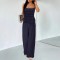 Suspender pleated waisted, slimming dark blue retro wide-leg pants, two-piece suit for women, casual straight pants, versatile set.