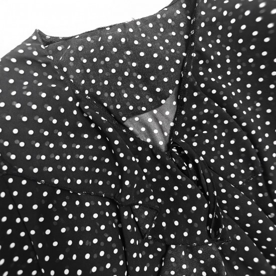 Fashionable ruffled polka dot V-neck shirt for women. 2025 Summer New French-Style, Age-Reducing Patchwork Top for Women
