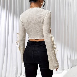 2025 autumn hollow knot side tie flared sleeve T-shirt for women. Knitted, ladylike, slim-fitting long-sleeved top.