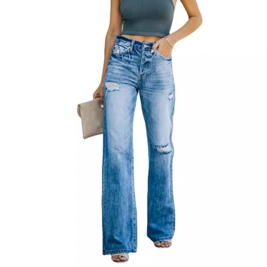 Factory direct sales of fashionable, washed jeans for women, in stock, for foreign trade wholesale. Ripped slim-fitting wide-leg denim trousers Factory direct sales of fashionable, washed jeans for women, in stock, for foreign trade wholesale. Ripped slim-fitting wide-leg denim trousers