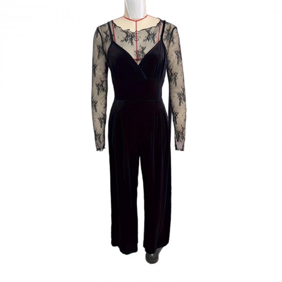 Elegant black lace, see-through, long-sleeved base top, suspender straps, and a slim-waisted velvet jumpsuit, two-piece set.