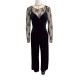 Elegant black lace, see-through, long-sleeved base top, suspender straps, and a slim-waisted velvet jumpsuit, two-piece set.