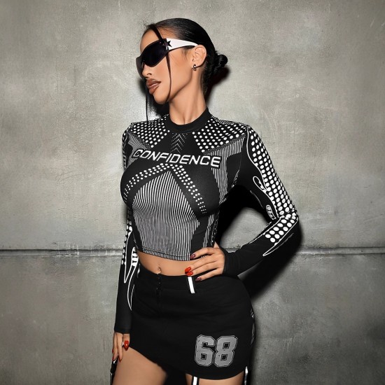 2025 European and American Cross-Border New Motorcycle Street Style Y2K Motorcycle-Inspired Round-Neck Long-Sleeved T-Shirt for Women