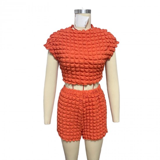 2025 European and American fashionable top suit, slim-fitting, navel-baring shorts, popcorn bubble two-piece set.
