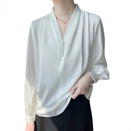 Professional V-neck pearl long-sleeved shirt for women, 2025 European and American women's new stylish commuter loose base top