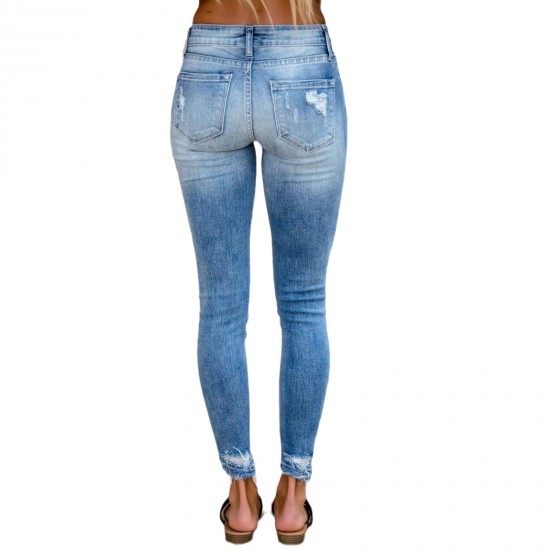 Factory direct sales, cross-border 2025 new European and American stretch jeans for women, long, ripped, mid-rise skinny jeans
