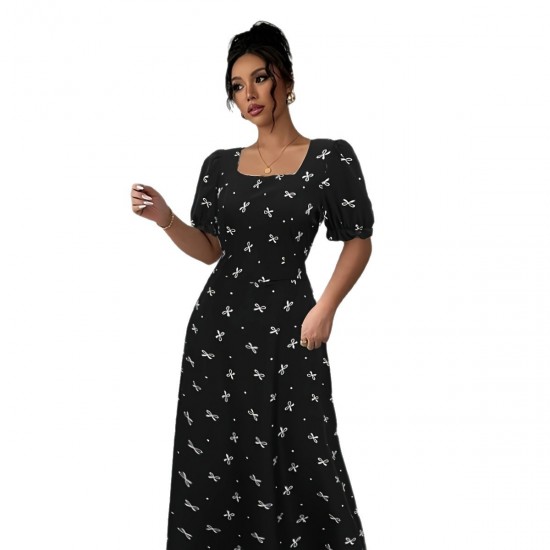 New cross-border short-sleeved bow-knot maxi dress, slim waist, printed European and American short-sleeved bow dress. New cross-border short-sleeved bow-knot maxi dress, slim waist, printed European and American short-sleeved bow dress.