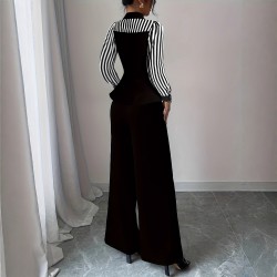 European and American trendy casual suits for women Elegant striped, contrasting color scheme, V-neck long-sleeved shirt and straight-leg trousers, two-piece set.