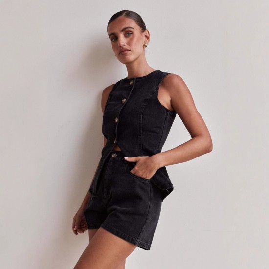 2025 spring and summer new Amazon independent European and American fashion sleeveless waisted high-waisted loose denim shorts set