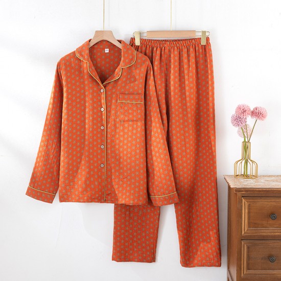Spring and summer women's pajamas, pure cotton double-layered gauze thin long-sleeved trousers, thin, soft, loose loungewear set.